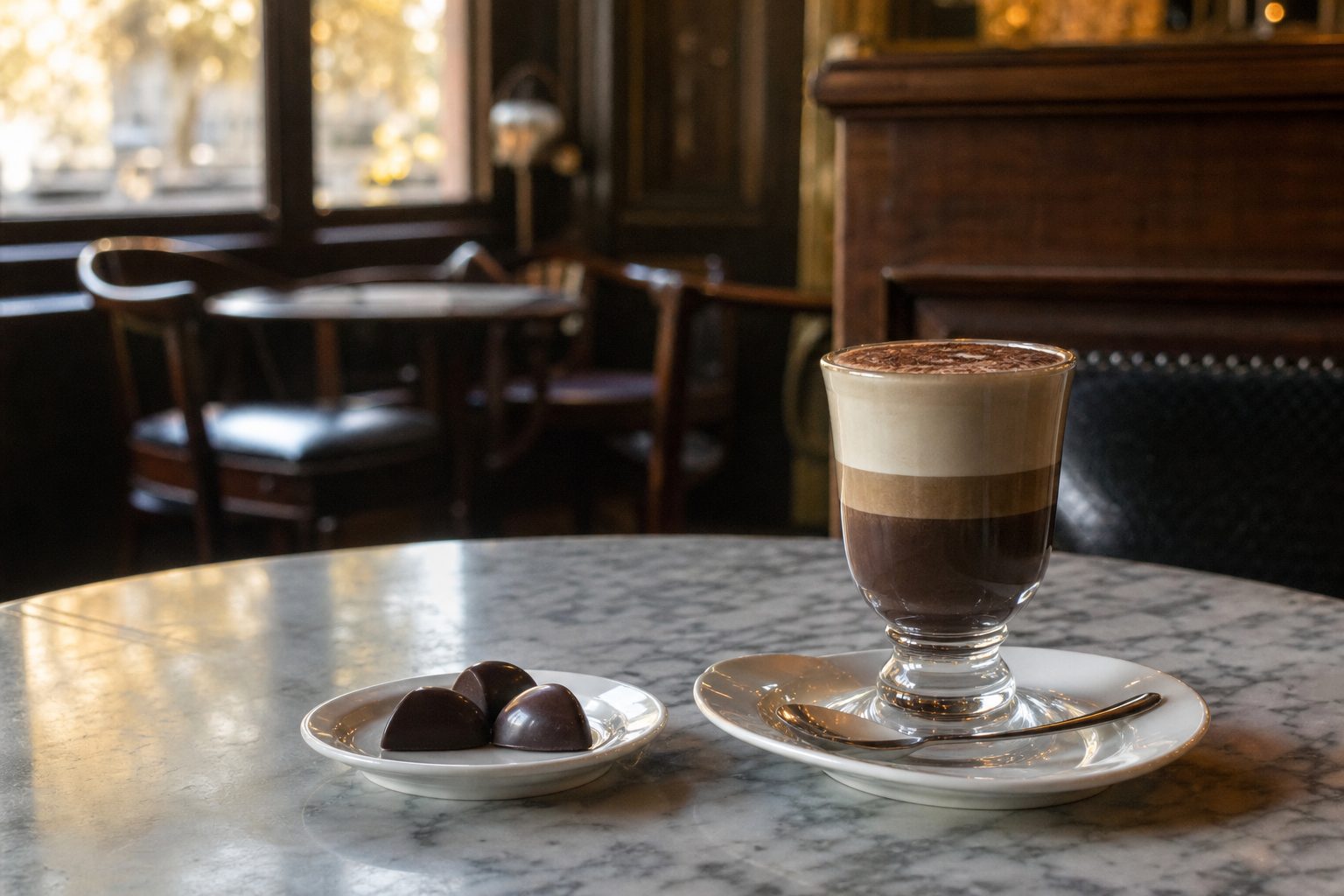 Un bicchiere di bicerin e gianduiotti su un tavolino di marmo in un caffè torinese